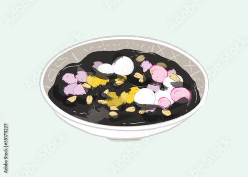 Grass black jelly with sweet dumplings , taro, sweet potatoes, and dried peanuts in flat vector illustration art design
