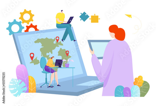 People outsource professional specialist freelancer character, remote office workplace flat vector illustration, isolated on white.
