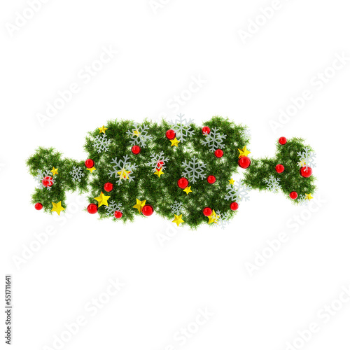 Beautiful Christmas Graphic Element with christmas wreath material in the shape of roasted meat  with red orbs and snowflakes and shiny stars on transparent background  RGBA 3D Rendering PNG 