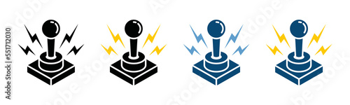 Game console with lightning flash icon set. Retro arcade video game joystick controller icon in flat and outline style for apps and websites, symbol vector illustration