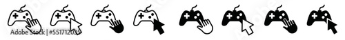 Click game icon set. Game console with hand cursors or arrow cursors in flat and outline style. Start the game or playing game icon collection, vector illustration