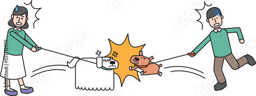 散歩中に別の飼い犬と喧嘩をする愛犬と慌てる飼い主