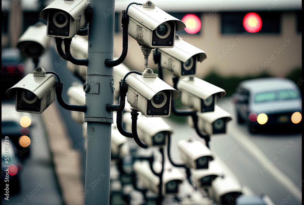 Shot in shallow focus shows many traffic cameras mounted on a street pole.. Generative AI