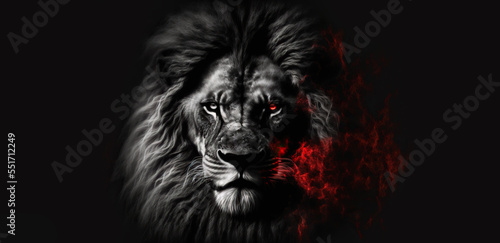 Lion king in fire, Portrait on black background, Wildlife animal. Danger concept. digital art © Viks_jin