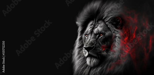 Foto Lion king in fire, Portrait on black background, Wildlife animal