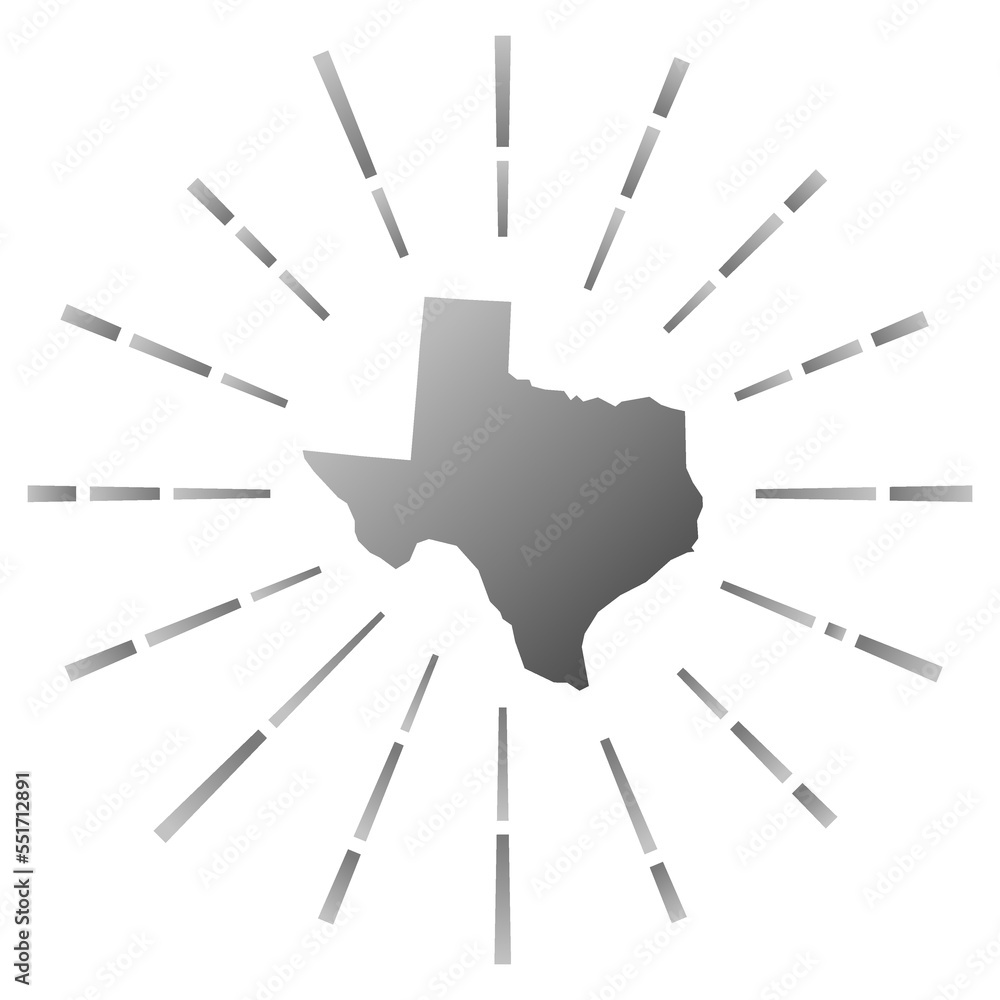 Texas gradiented sunburst. Map of the us state with colorful star rays. Texas illustration in digital, technology, internet, network style. Vector illustration.