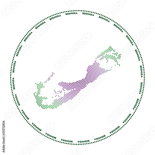 Bermuda round logo. Digital style shape of Bermuda in a dotted circle with the island name. Tech icon of the island with gradiented dots. Modern vector illustration.