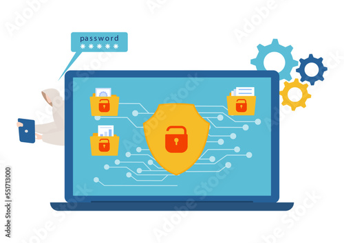 Modern cybercrime attack phishing information, laptop device technology protect data flat vector illustration, isolated on white.