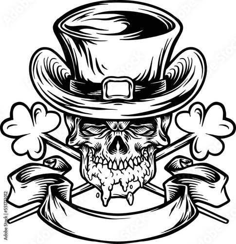 Skull Mascot for St Patricks Beer Day Monochrome Vector illustrations for your work Logo, mascot merchandise t-shirt, stickers and Label designs, poster, greeting cards advertising business company 