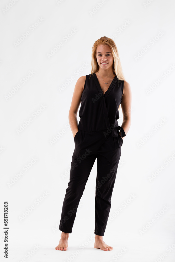 beautiful, blonde, in fashion black jumpsuit beautiful, blonde, in fashion black jumpsuit