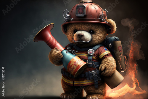 The fire department s mascot is a teddy bear holding a red axe in smoke  a fire extinguisher  and a gas mask.. Generative AI