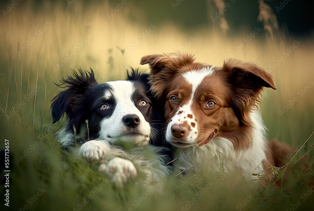 The adorable pair is lying together in a field.. Generative AI