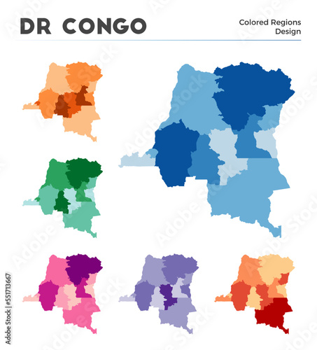 DR Congo map collection. Borders of DR Congo for your infographic. Colored country regions. Vector illustration.
