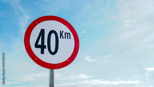 40km limit traffic sign on the road with copy space. 40km/h speed limit sign. Good quality photo
