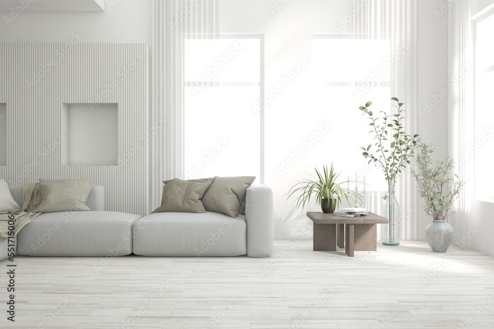 Naklejka premium White living room with sofa. Scandinavian interior design. 3D illustration