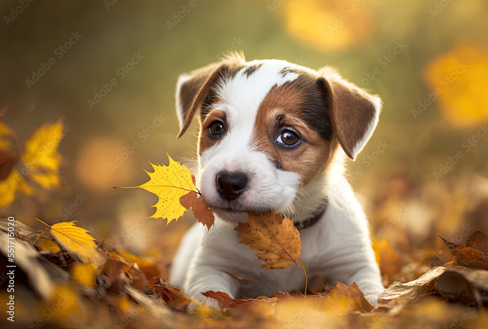 Adorable Jack Russell puppy in portrait playing with leaves in the fall. Generative AI