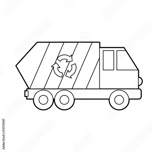 Vector Illustration of a garbage truck. Icon style with black outline. Logo design. Coloring book for children