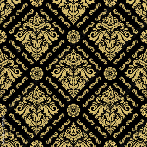 Classic seamless vector pattern. Damask orient black and golden ornament. Classic vintage background. Orient pattern for fabric, wallpapers and packaging