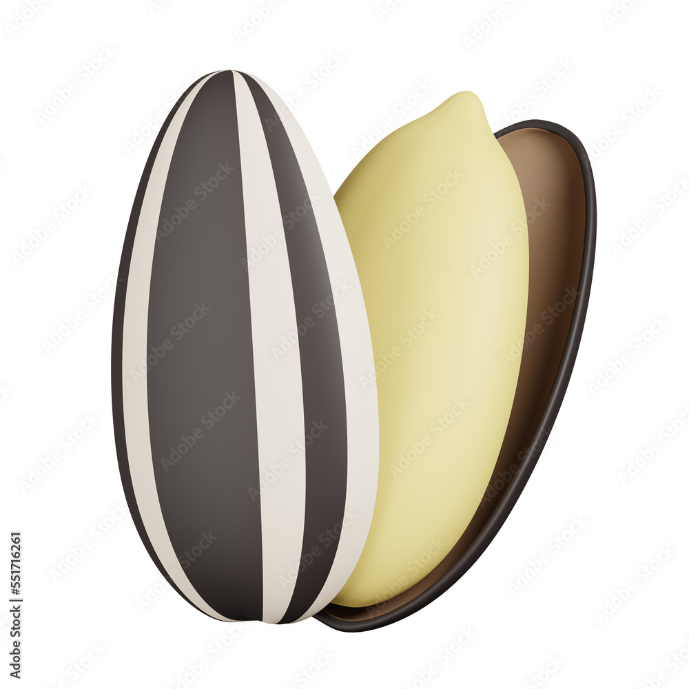 Sunflower seed isolated. Nuts, seeds and grains minimal cartoon icon. Nuts ingredient, vegetarian organic concept. 3D render illustration. Sunflower seed isolated. Nuts, seeds and grains minimal cartoon icon. Nuts ingredient, vegetarian organic concept. 3D render illustration.