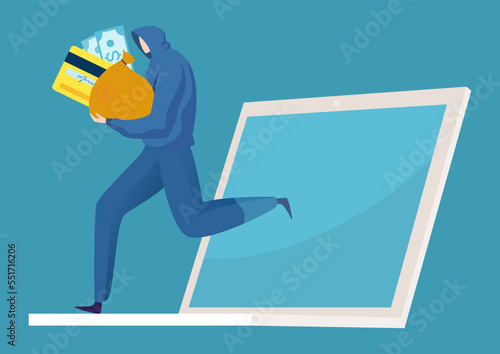 Hacker criminal character steal personal information password from credit card, cybercrime hack laptop device flat vector illustration.