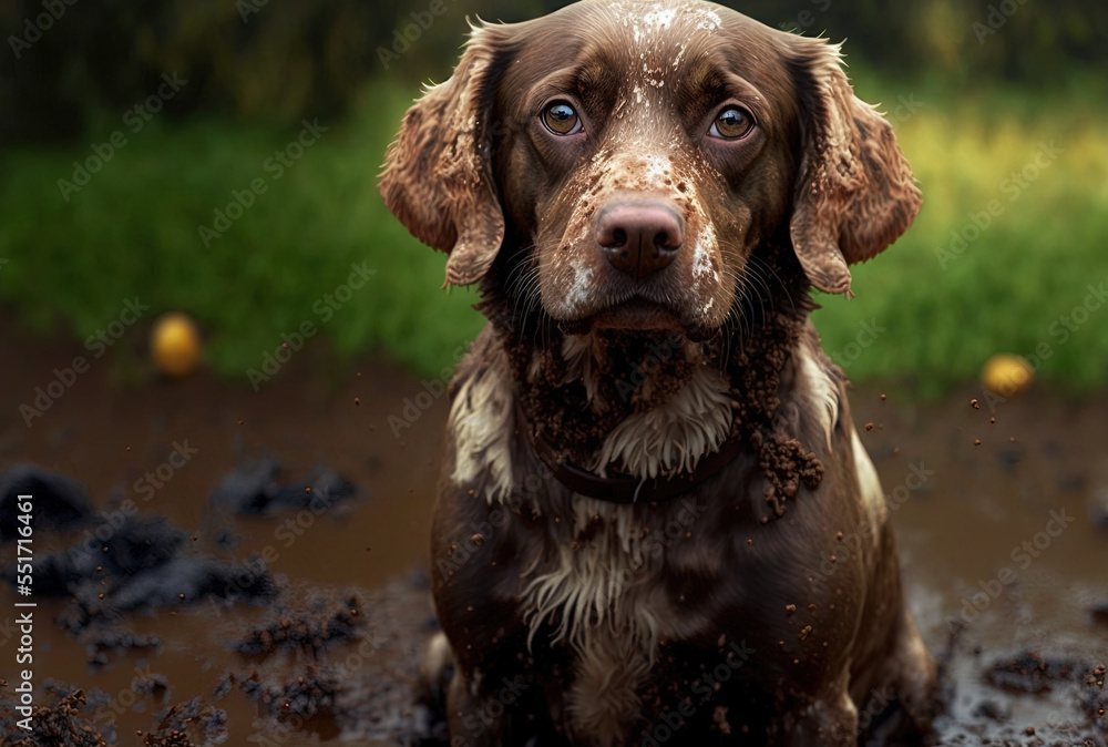 Dog that got dirty after playing in the mud.. Generative AI