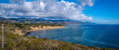 Point Dume promontory seascape and dramatic cloudscape on the coast of Malibu, California, with the view of Paradise Cove Beach in Laguna Point to Latigo Point Area of Special Biological Significance