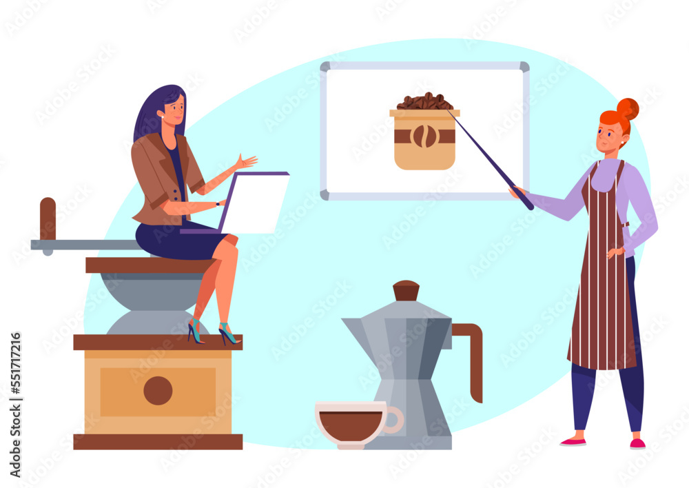 Make coffee drink study woman tiny character sitting grinder, teacher training indicate coffee bean flat vector illustration, isolated on white.