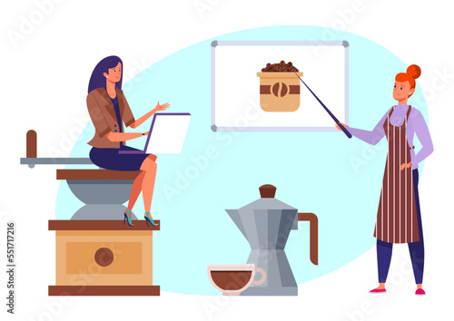 Make coffee drink study woman tiny character sitting grinder, teacher training indicate coffee bean flat vector illustration, isolated on white.