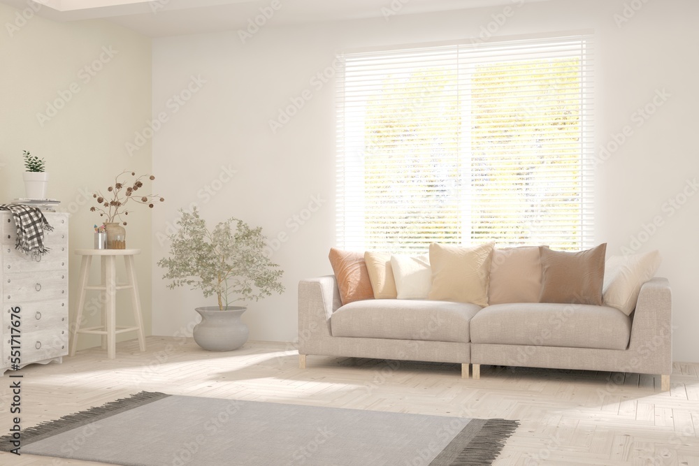 custom made wallpaper toronto digitalStylish room in white color with sofa and autumn landscape in window. Scandinavian interior design. 3D illustration