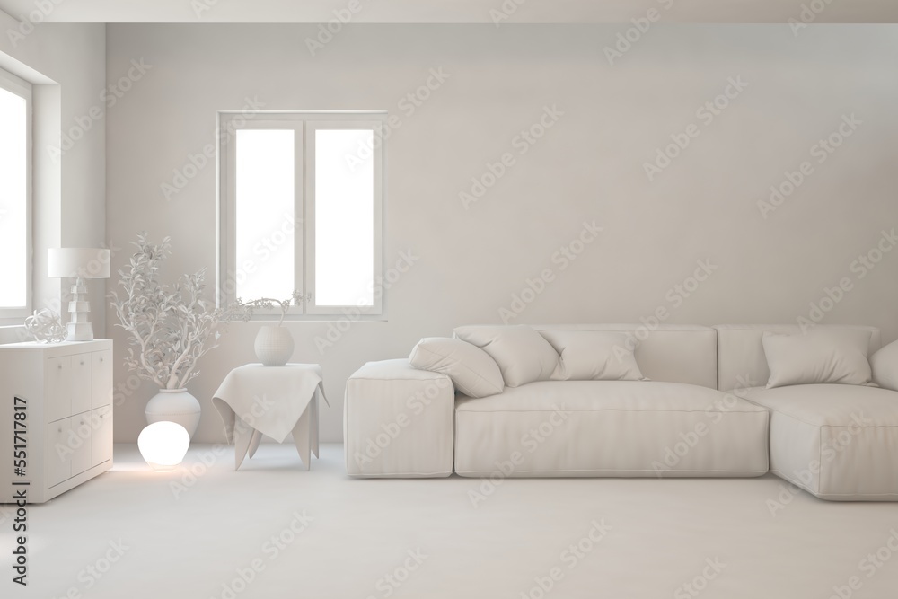 Fototapeta premium White minimalist living room with sofa. Scandinavian interior design. 3D illustration