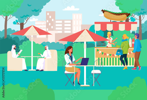 Lunchtime summer outdoor cafe, people together eat breakfast park buffet place, business lunch fast food flat vector illustration.