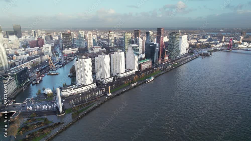 Rotterdam City Skyline In The Netherlands - aerial drone shot Rotterdam City Skyline In The Netherlands - aerial drone shot
