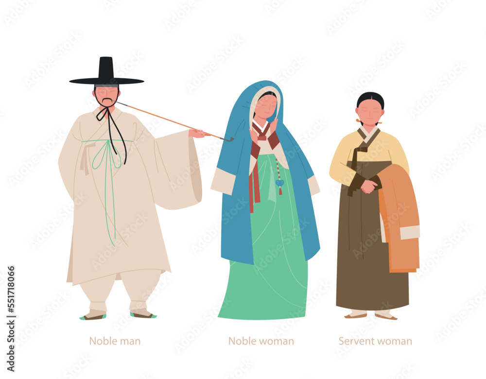 Costumes of noble men and women and servants of the old nation of Korea, Joseon. hand drawn vector illustration.