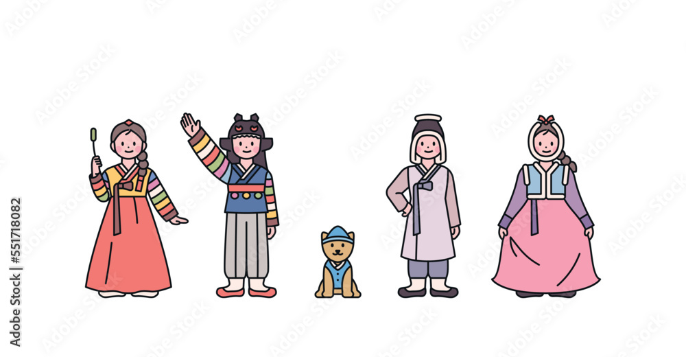 Joseon, an old Korean nation. Children wearing basic hanbok and children wearing winter hanbok. and puppy. outline simple vector illustration.