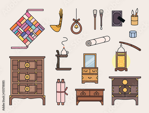 Korea's old antique furniture and various daily necessities. And lucky things. outline simple vector illustration.