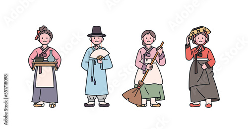 Joseon, an old Korean nation. Pub owner, jobless man, servant, entertainer costume characters. outline simple vector illustration.