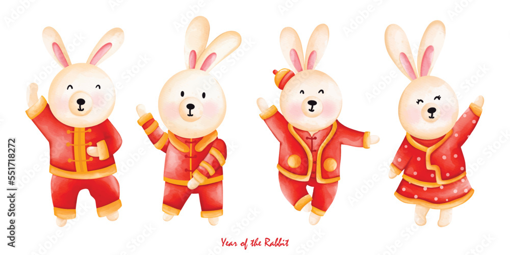 Naklejka premium Cute bunny in Chinese traditional costume, Cheongsam dress, the year of rabbit
