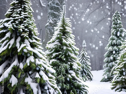 atural Christmas pine trees in snowy forest. Layered with snow. Generative AI © GenerativeAI