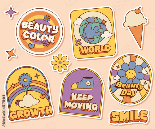 Groovy hippie 70s world, flowers, rainbow, ice cream, shoes, move, and growth sticker pack in vintage retro psychedelic cartoon illustration style