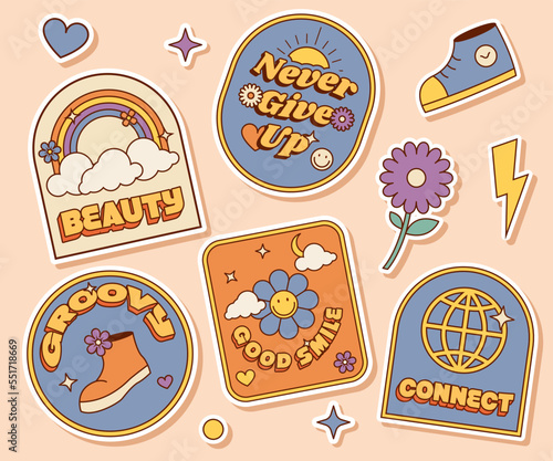 sticker set of rainbow, sun, love, heart, shoes, flowers, smile, etc. groovy hippie 70s in retro vintage psychedelic illustration cartoon style