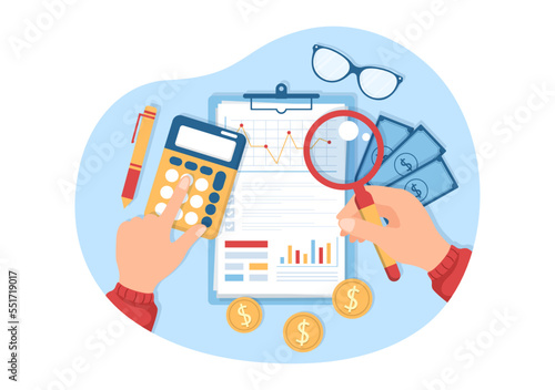 Business Audit of Documents with Charts, Accounting, Calculations and Financial Report Analytics in Flat Cartoon Hand Drawn Templates Illustration