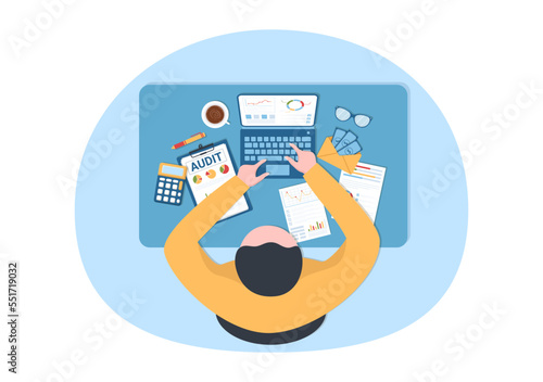 Business Audit of Documents with Charts, Accounting, Calculations and Financial Report Analytics in Flat Cartoon Hand Drawn Templates Illustration