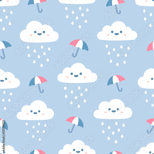 seamless pattern with clouds, rain and umbrella