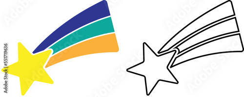 Shooting star with rainbow tail. Colored and outline.