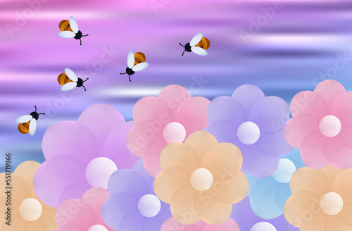 Swarm bees 3d. Flight of insects in the sky,  collection of nectar. Pollination of plants, the concept of active joint labor. Path, route of bees in apiary or wildlife. Vector landscape with daisies.