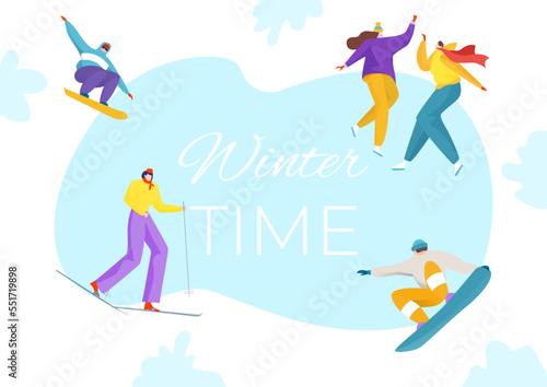 Healthy lifestyle winter sport poster, people character together ski and snowboard flat vector illustration, isolated on white.