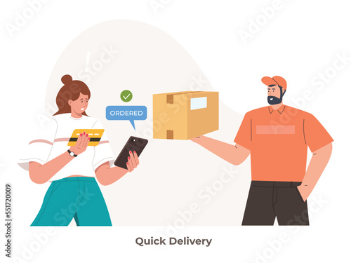 A person quickly delivers a parcel or pizza. Express food delivery and online shopping. quick delivery concept