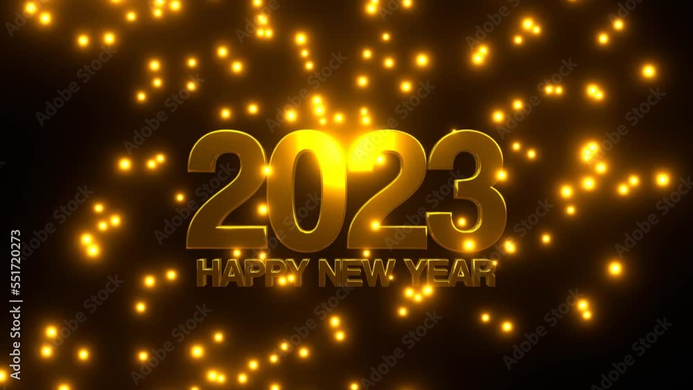 Happy New Year 2023 with golden falling particle on black background. 4K UHD. 3d rendering.