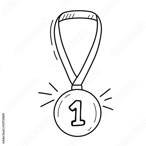 Hand drawn Medal for 1st place in sports. Sketch doodle vector illustration isolated on a white.