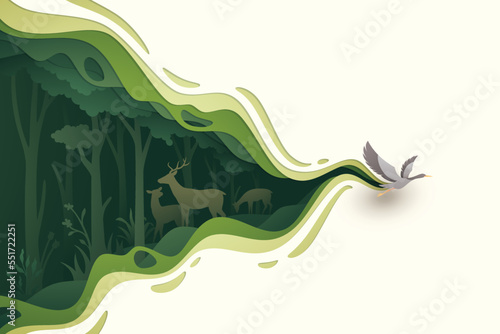 Fototapete Flying bird in natural forest layered shape wavy background in paper cut style